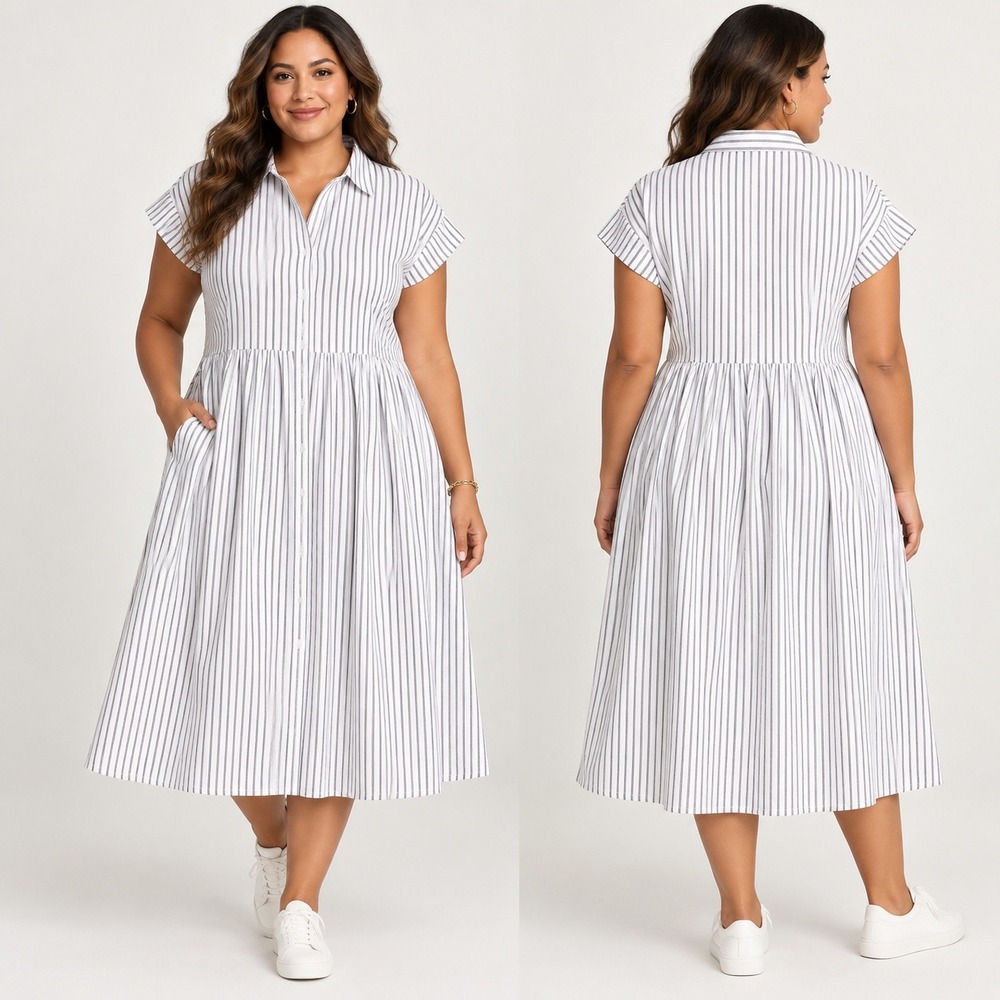 NORDSTROM Striped Button Front Cotton Midi Shirt Dress 1X Drop Waist Babydoll